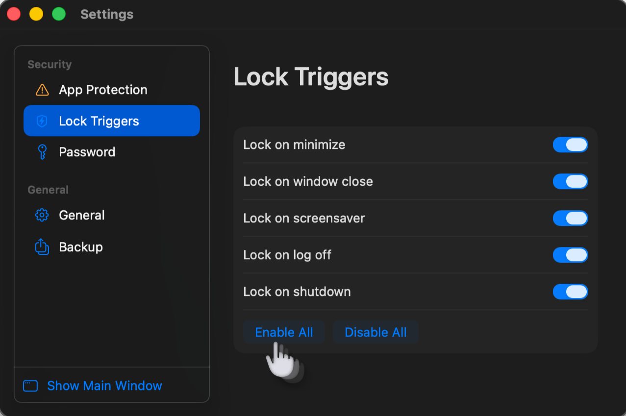 Lock Triggers Icon: Setting screen of lock trigger toggles for lock on minmize, window close, screensaver, log off, shutdown