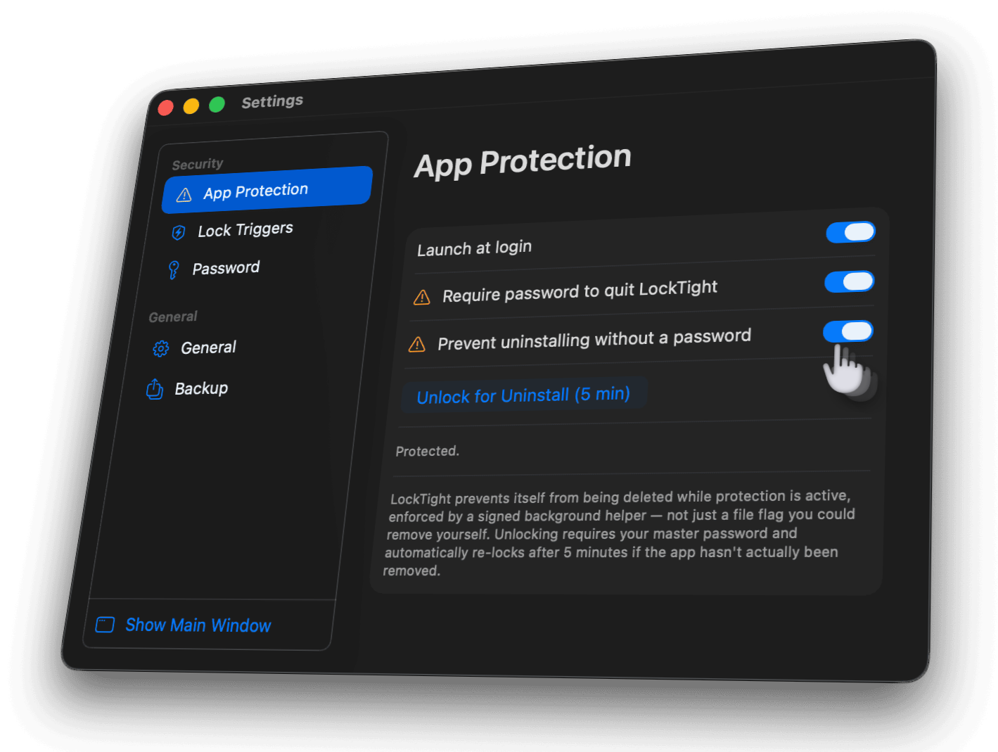 Icon: Setting screen of app protection toggles for launch at login, require password to quit, prevent uninstalling without a password