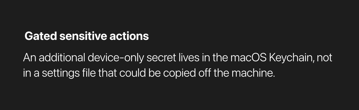 Image: An additional device-only secret lives in the macOS Keychain, not in a settings file that could be copied off the machine.