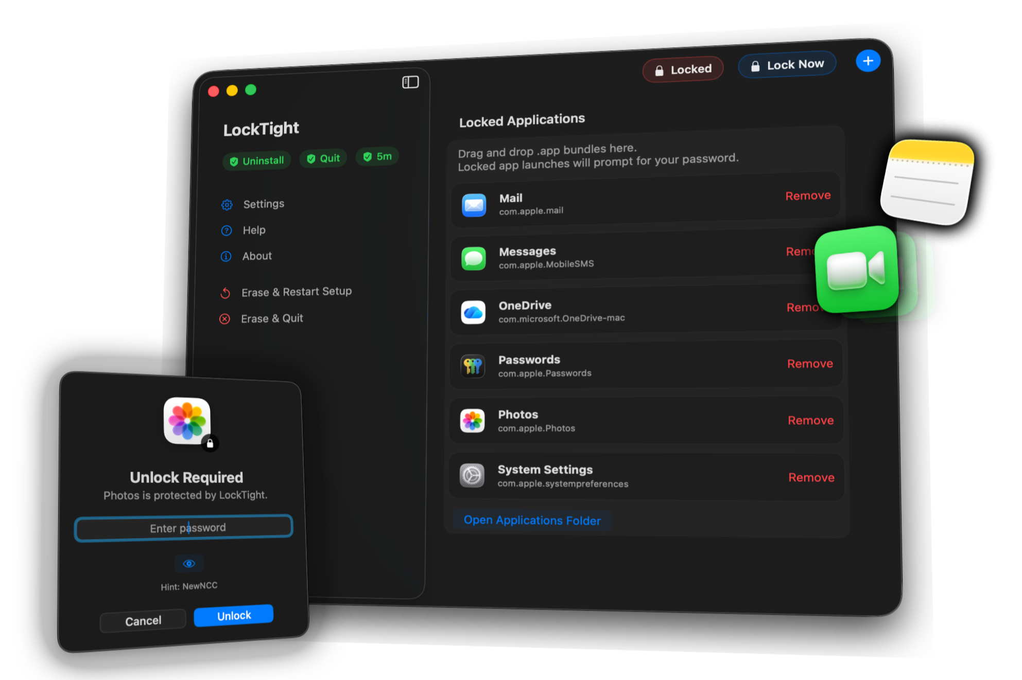 LockTight Main Screen Image: Main app screen showing settings, help, about and window of locked apps in drag and drop window